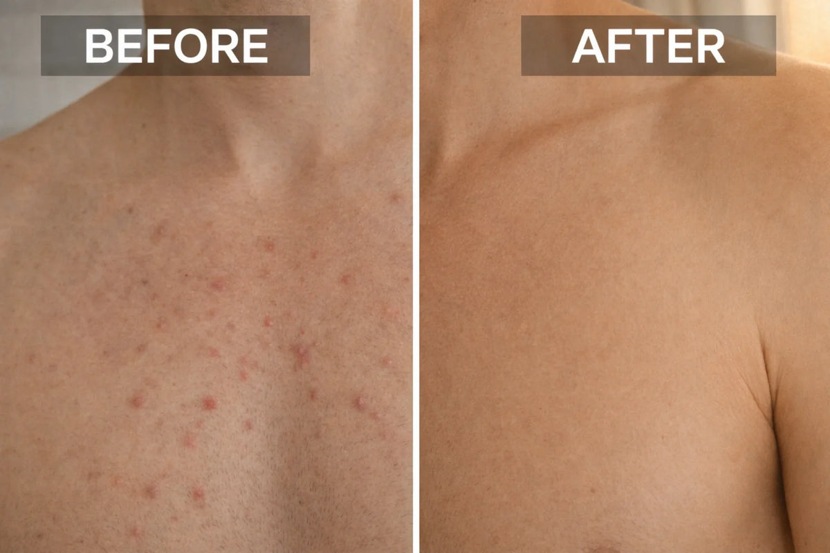  voor en na vergelijking van huid met ingegroeide haren versus gladde gezonde huid zonder irritatie