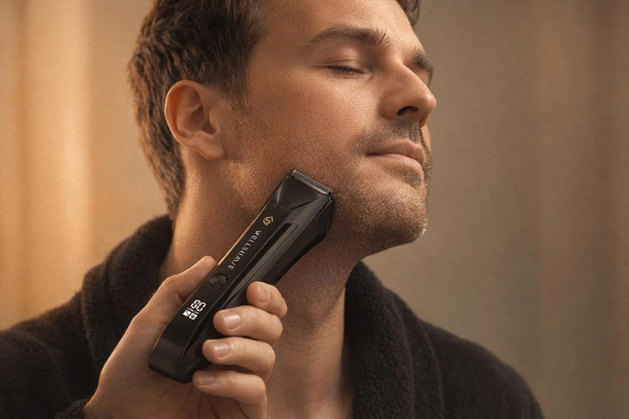 Man werkt zijn baard bij met de Wellshave elektrische baardtrimmer voor strakke en gelijkmatige baardverzorging