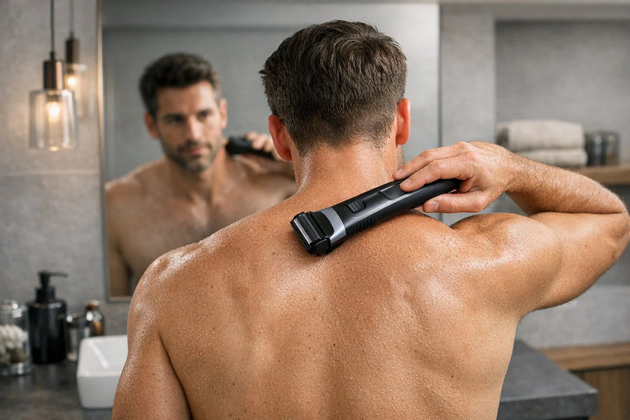 Man scheert zijn rug met de Wellshave bodygroomer voor veilige en nauwkeurige lichaamsverzorging in de badkamer
