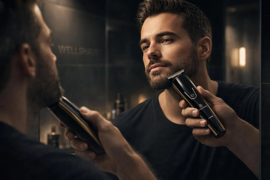 Man trimt zijn baard met de Wellshave elektrische baardtrimmer voor nauwkeurige baardverzorging in de badkamer