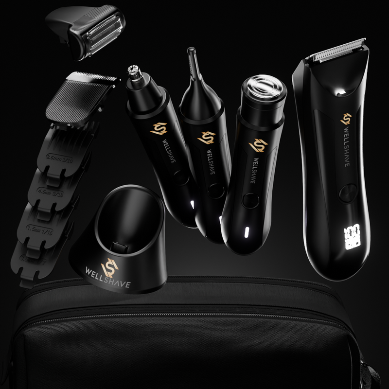 Het Shave Package Ultimate met de Groom Guard PRO, de neustrimmer en de toilettas.