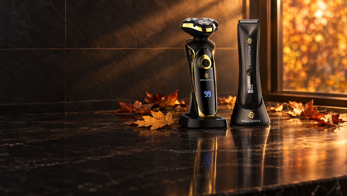 Wellshave-scheerapparaat en bodygroomer op een zwart marmeren badkamerblad met herfstbladeren