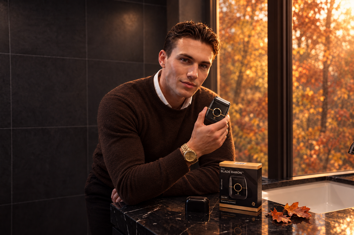 Man in een bruine trui met de Wellshave Blade Baron in zijn hand, in een donkere badkamer met herfstbomen achter het raam