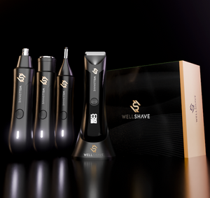 Wellshave grooming set with nose trimmer, detail trimmer, body trimmer on charging stand and premium Wellshave packaging displayed on a reflective black surface.