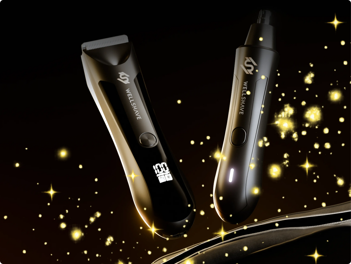 Wellshave grooming trimmer set showcased with illuminated gold sparkles, featuring the digital body trimmer and precision nose trimmer.