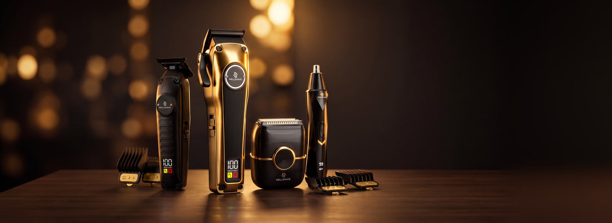Wellshave Barber Bro 3.0: gouden tondeuse, trimmer, foil shaver en neustrimmer op een donkere tafel